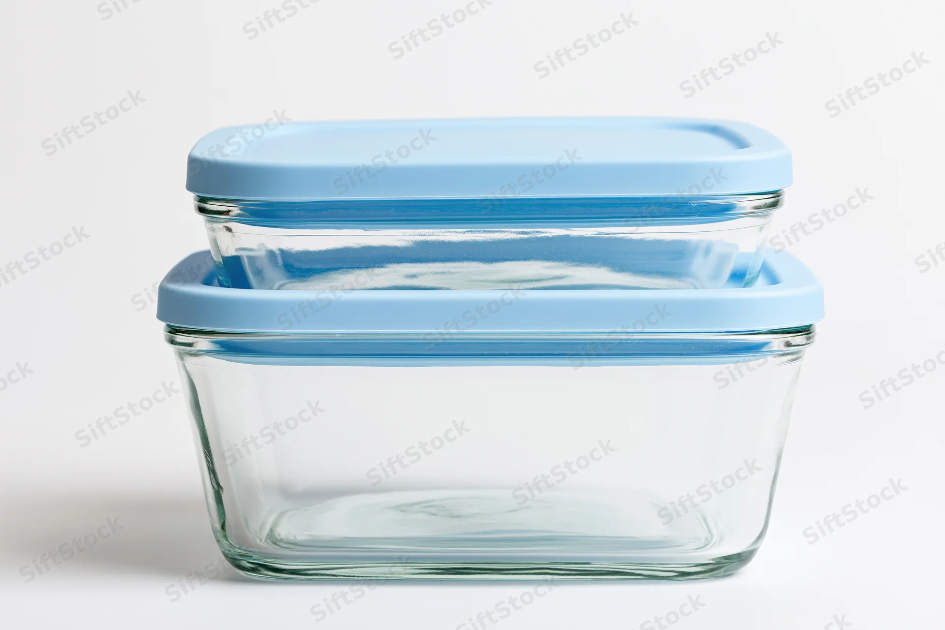 Two clear glass food storage containers with sky-blue plastic lids stacked on a white surface
