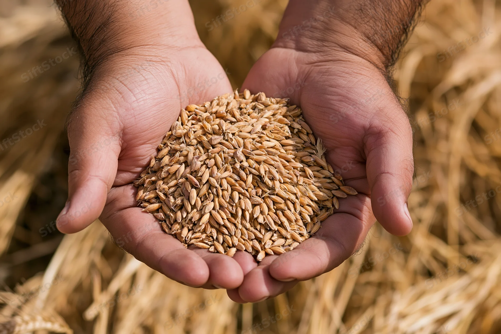 Hands cupped together holding raw wheat kernels in a golden field