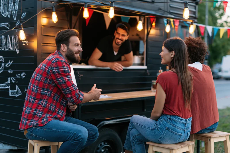 Two customers chatting and ordering at a black food truck counter outdoors in the evening