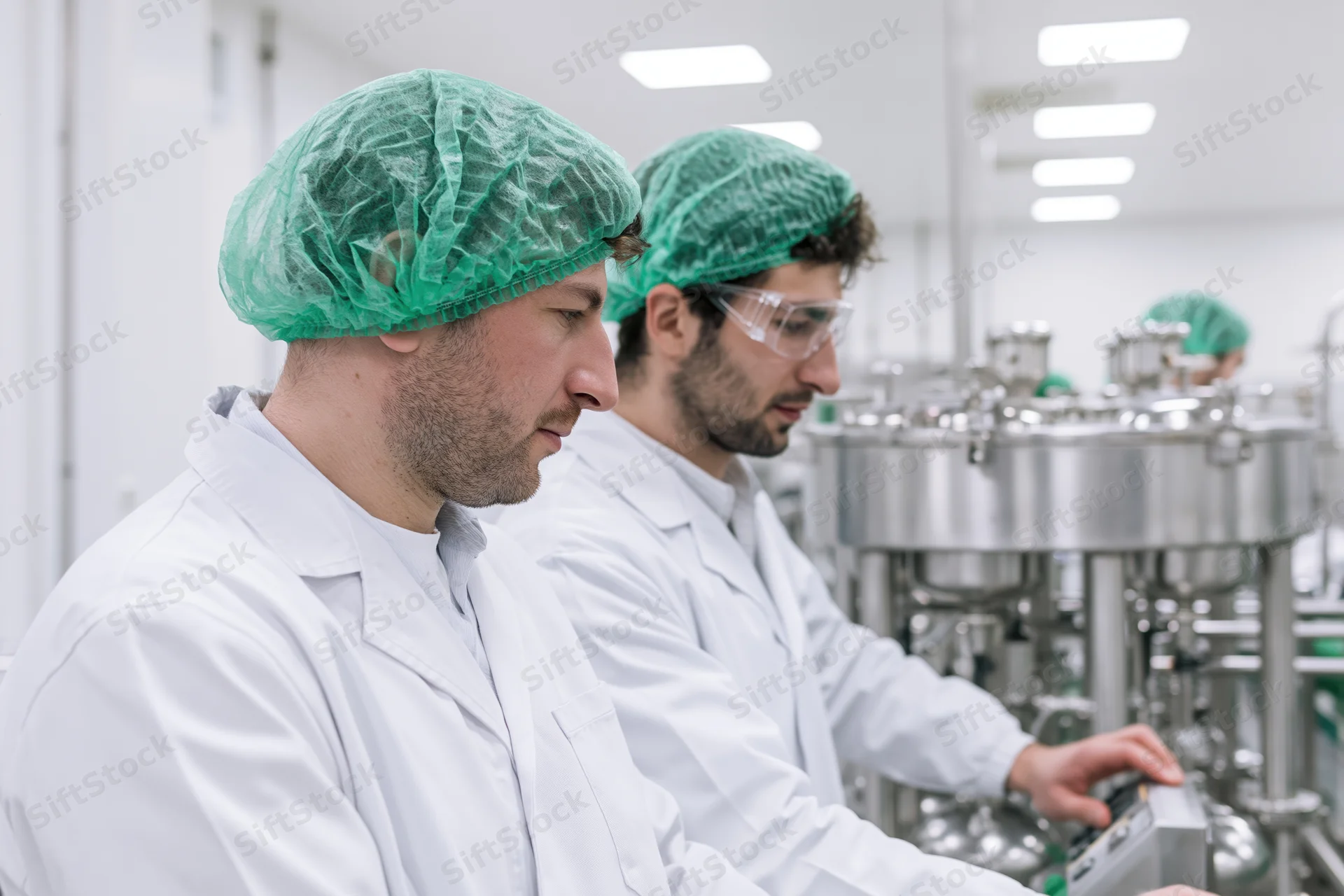 Two men in white lab coats and green hairnets operating machinery in a cleanroom facility