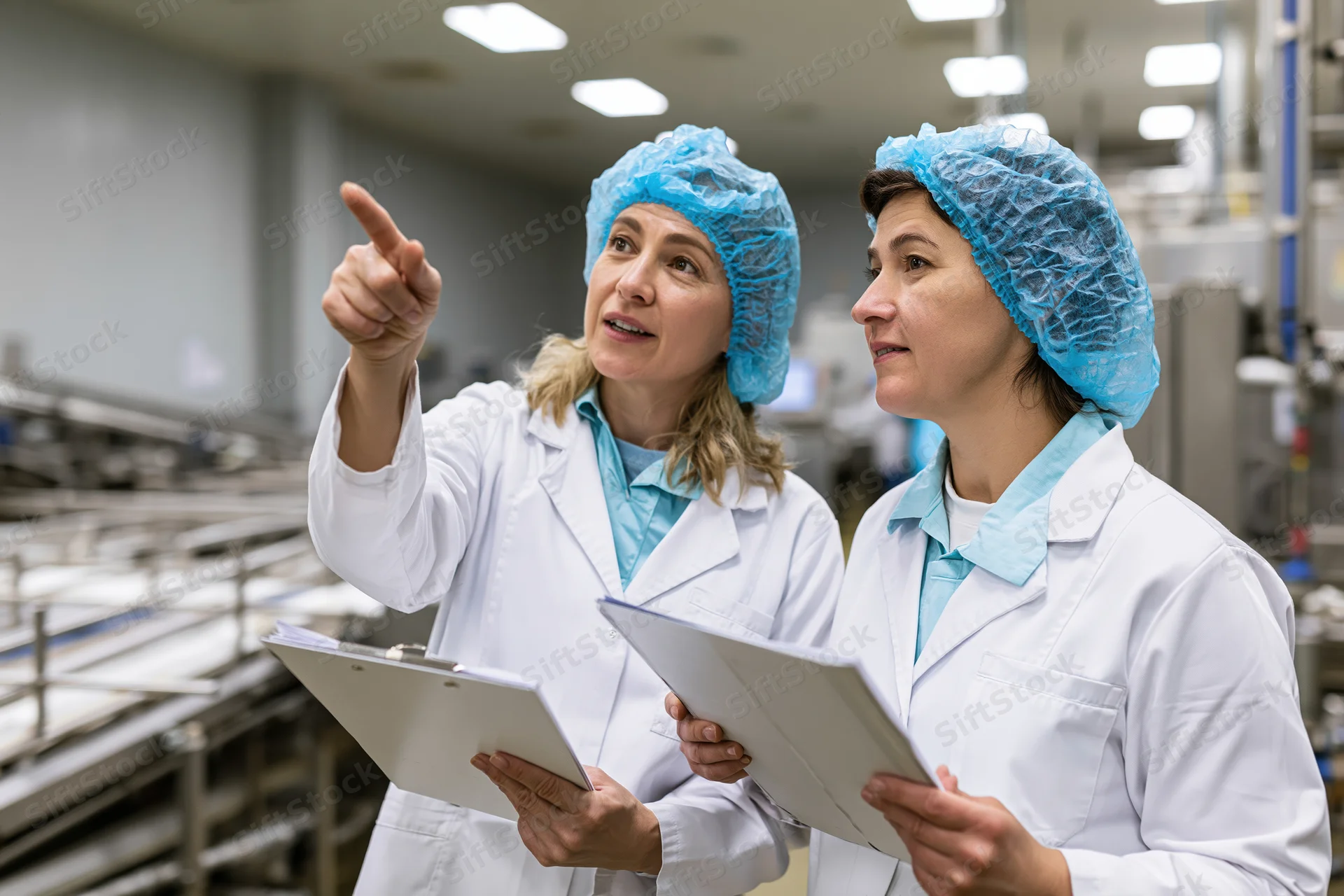 Two women in lab coats and blue hairnets pointing and discussing during inspection in a food factory