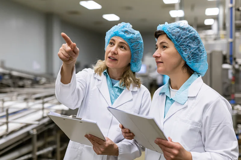 Two women in lab coats and blue hairnets pointing and discussing during inspection in a food factory