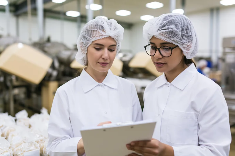 Two women in white lab coats and hairnets reviewing a clipboard in a food factory production area