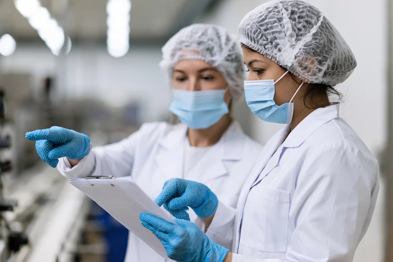 Two women in lab coats and hairnets reviewing a clipboard during food factory inspection