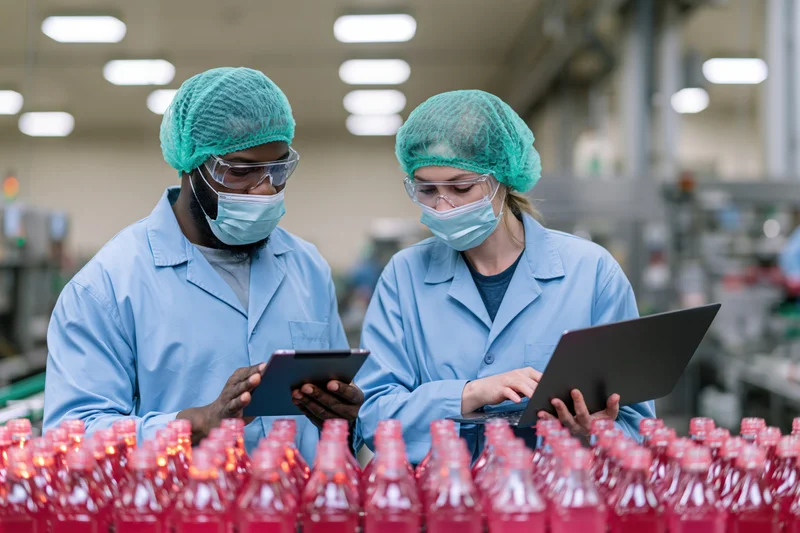 Two quality control workers inspecting bottles on a production line in a beverage factory