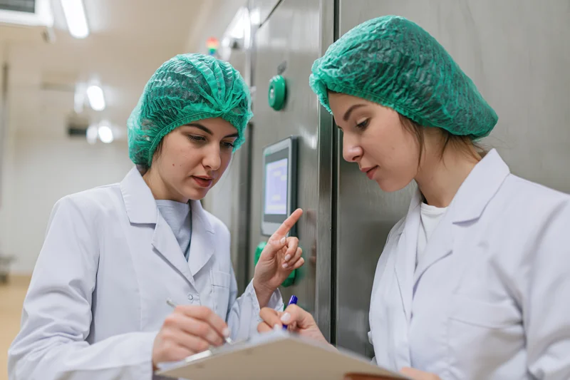 Two women in lab coats and green hair nets inspecting a clipboard in a food factory