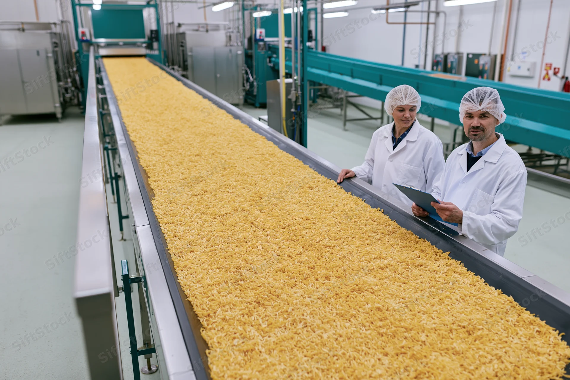 Two food factory workers in lab coats and hairnets inspecting pasta on a conveyor belt in a manufacturing facility