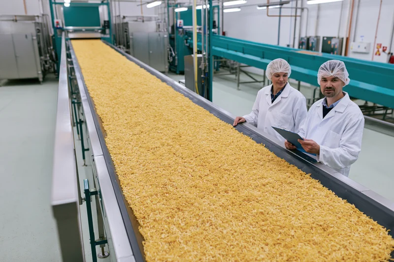 Two food factory workers in lab coats and hairnets inspecting pasta on a conveyor belt in a manufacturing facility