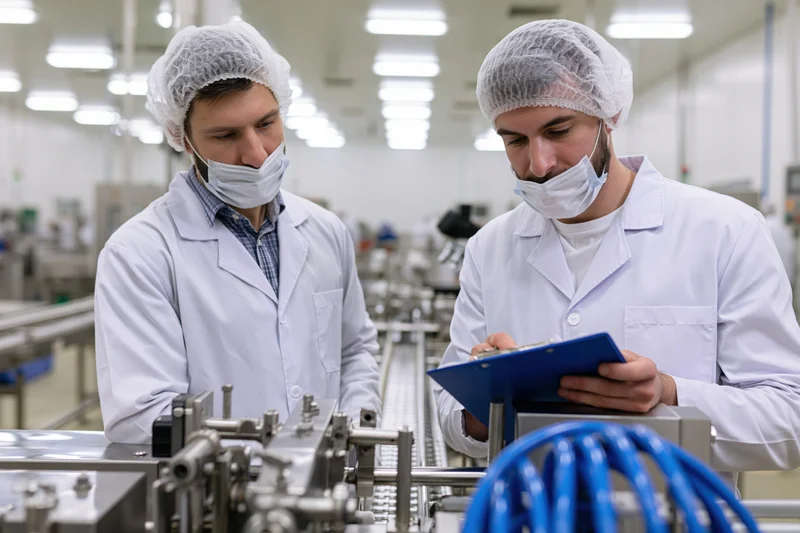 Two men in lab coats and hairnets inspecting equipment on a food production line