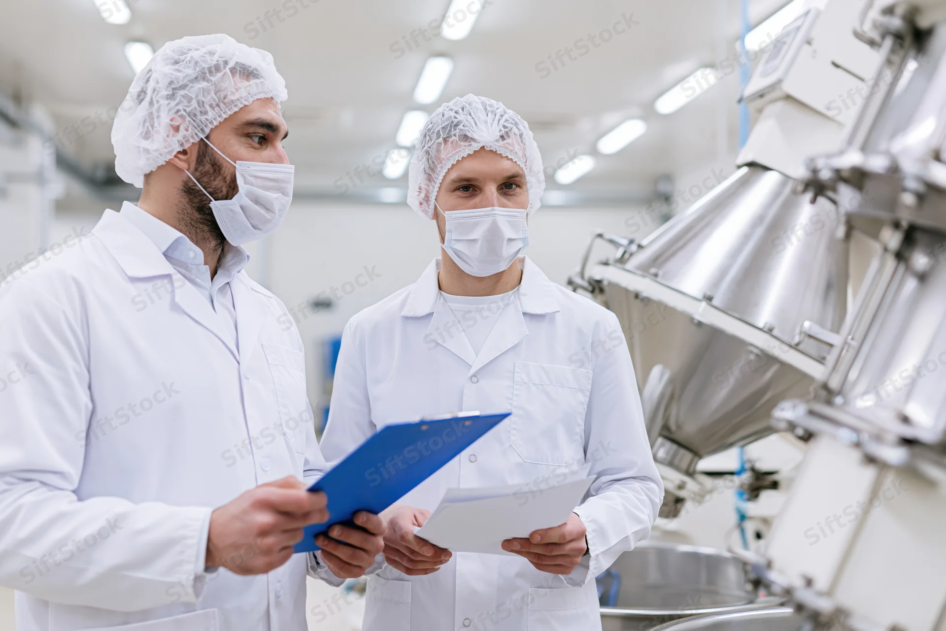 Two men in white lab coats and hairnets discussing documents in a food factory production area