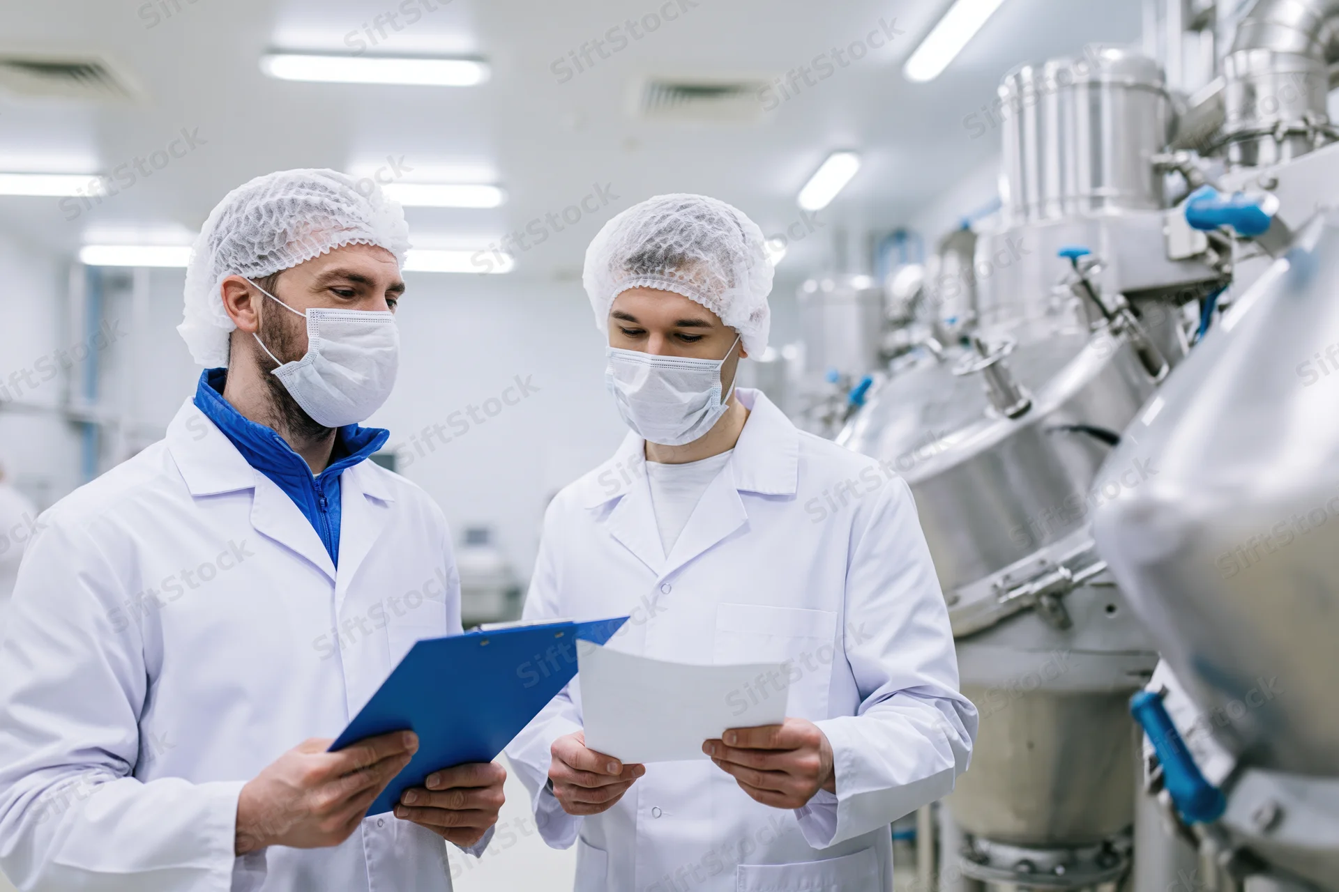Two men in white lab coats and hairnets reviewing documents in a food factory production area