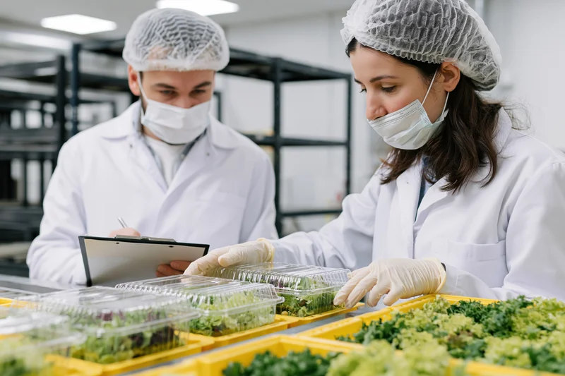 Two food safety inspectors in lab coats examining packaged greens in a factory setting