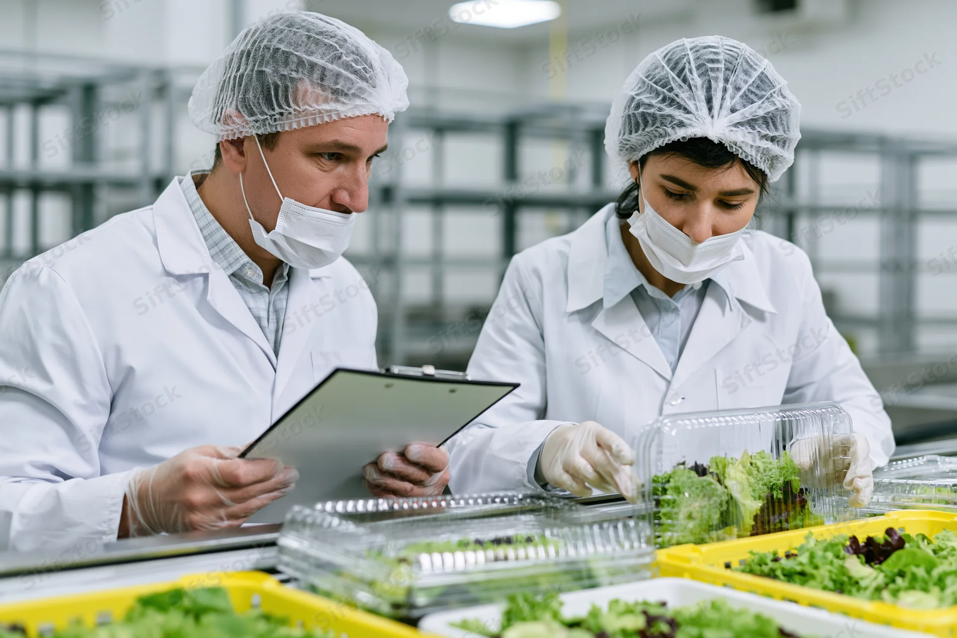 Two food safety inspectors in lab coats examining packaged salad in a production facility