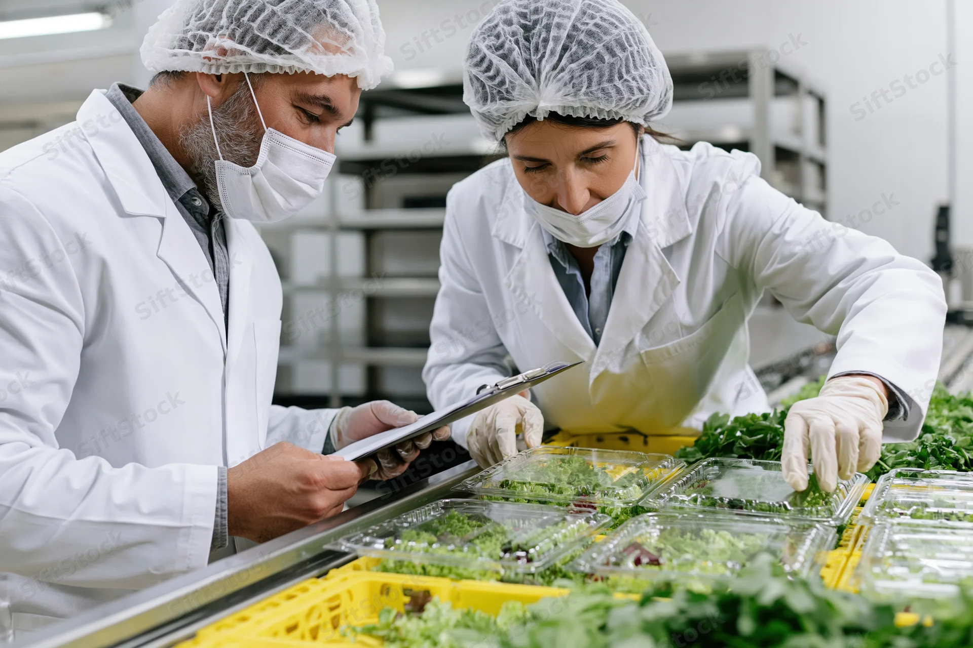 Two food safety inspectors in lab coats and hair nets examining packaged greens on a production line