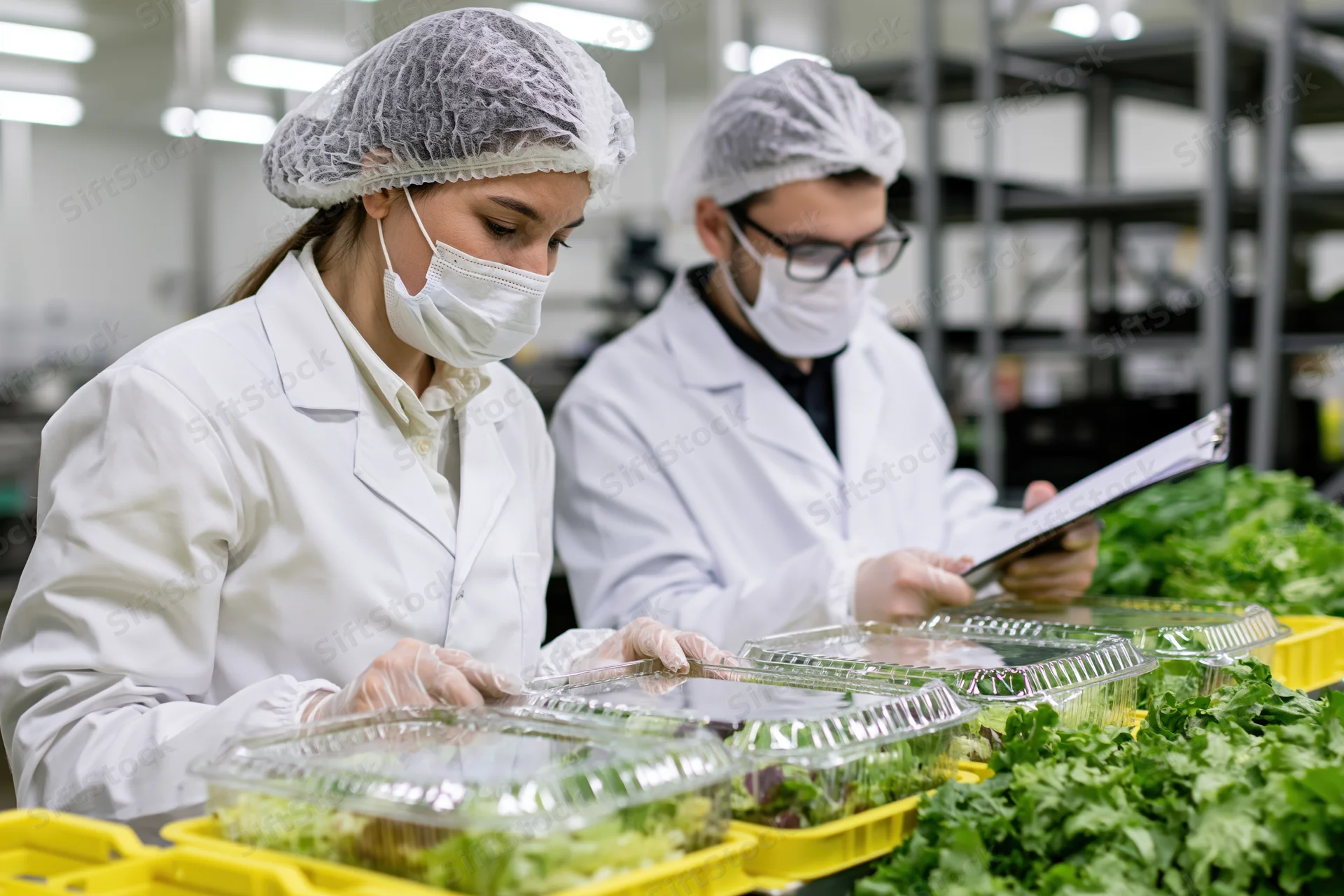 Two food safety inspectors in lab coats examining packaged salad in a processing facility