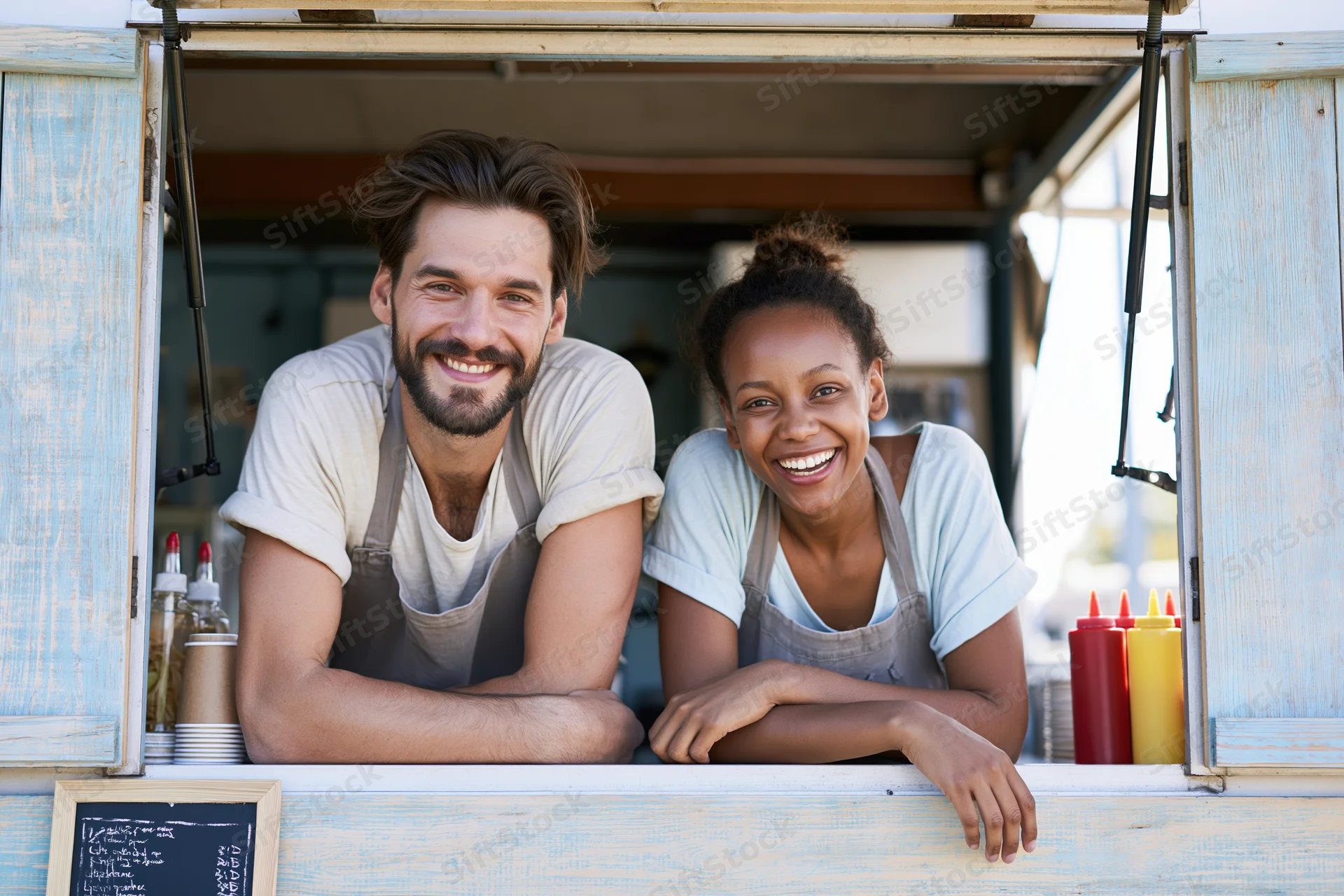 Young man and woman in aprons smiling while leaning on food truck counter