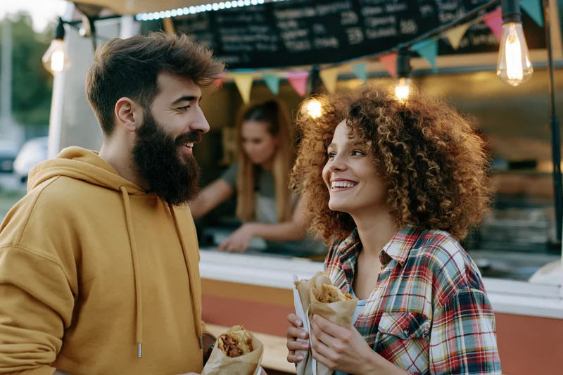 Smiling couple sharing food at a street food market stall