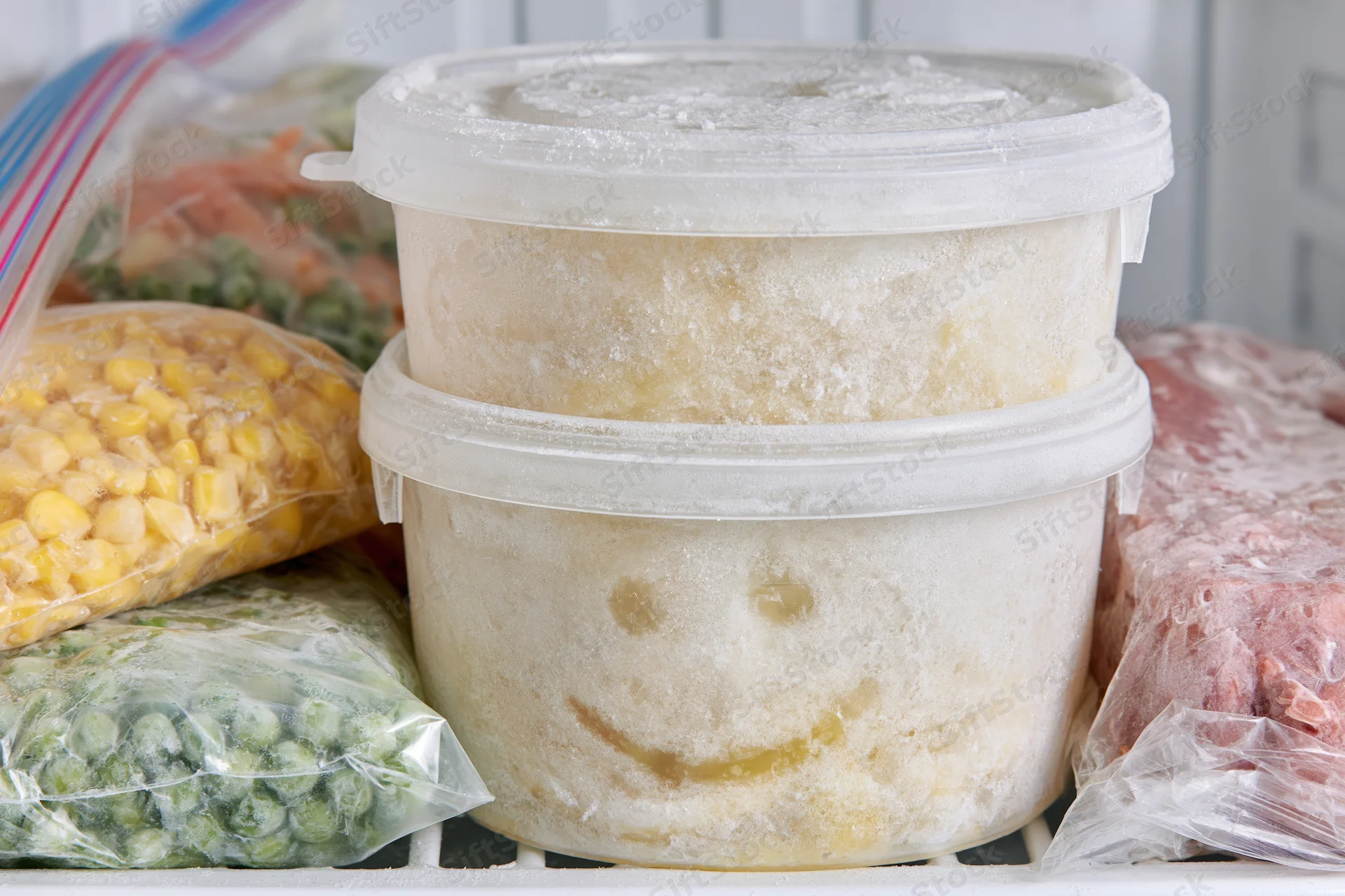 Stacked plastic containers with frost on freezer shelf surrounded by frozen vegetables and meat
