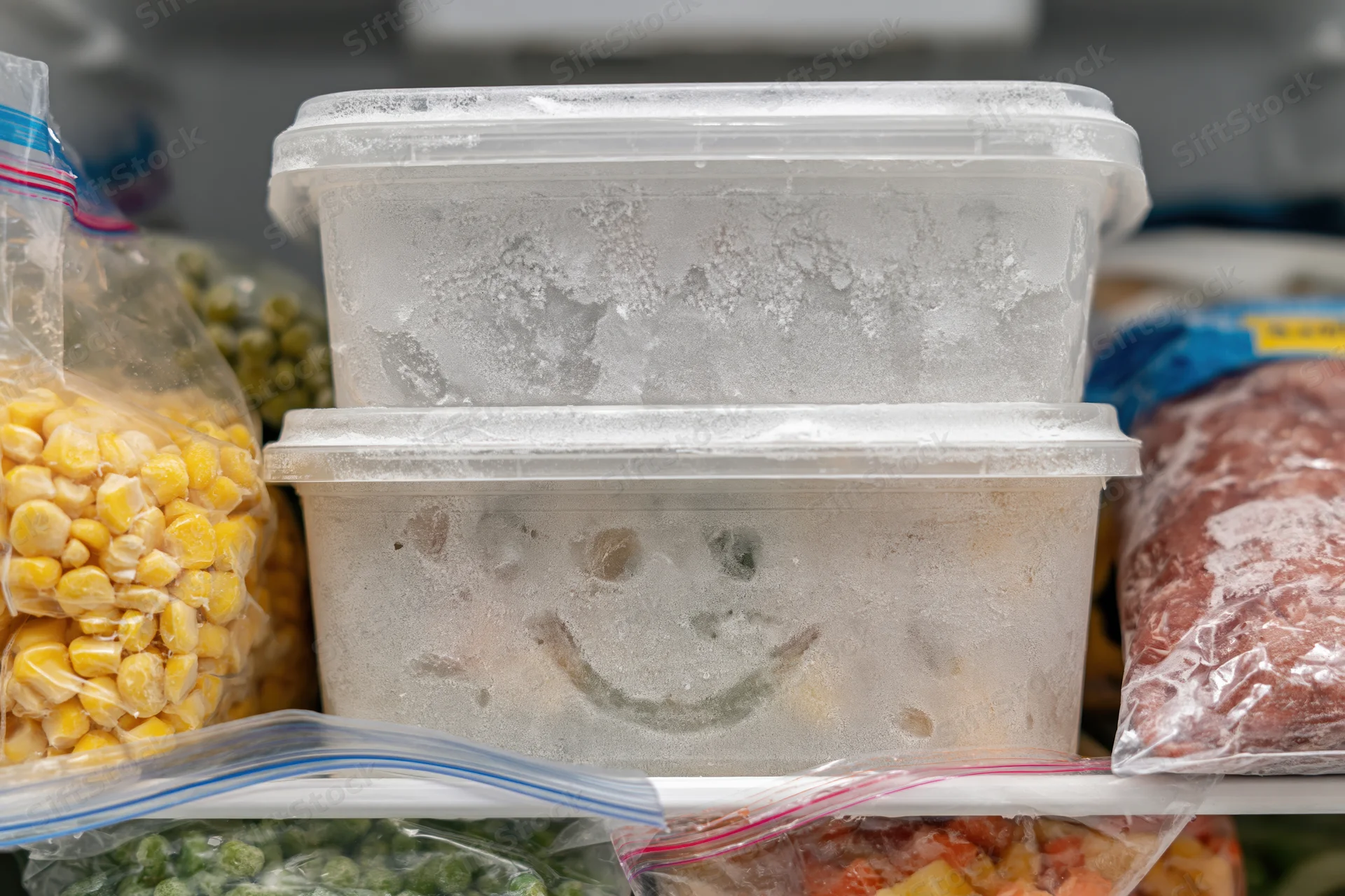 Stacked plastic containers with frost on freezer shelf surrounded by frozen food bags