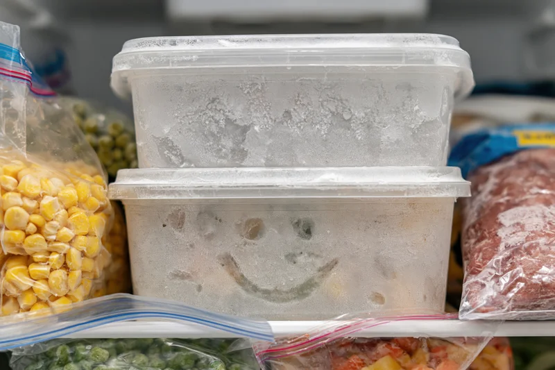 Stacked plastic containers with frost on freezer shelf surrounded by frozen food bags