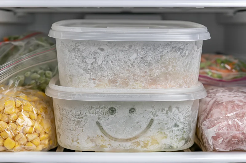 Two frost-covered plastic containers stacked on a freezer shelf with corn and meat in bags beside them