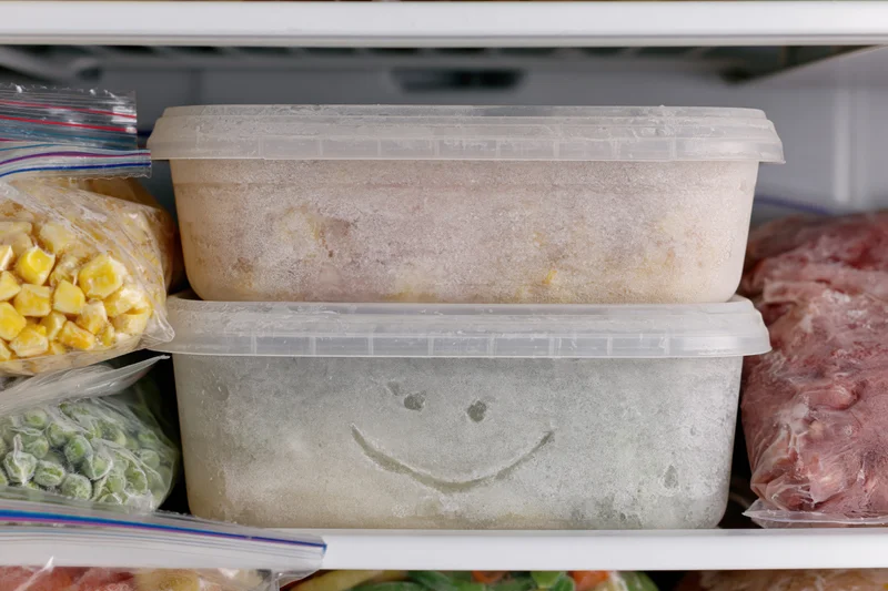Two frost-covered plastic containers stacked on a freezer shelf with frozen food around them