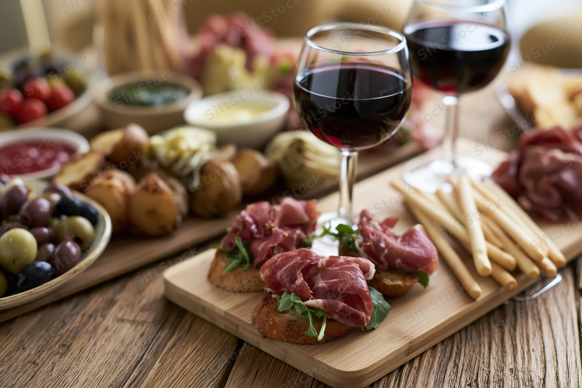 Two glasses of red wine on a wooden board with charcuterie and appetizers arranged for a gathering