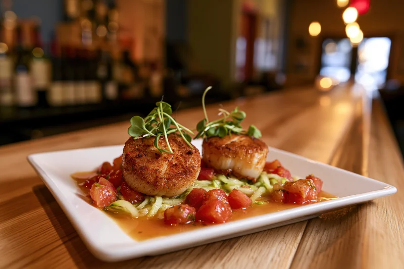 Two seared scallops with spiced crust on a bed of zucchini and tomato sauce served on a white square plate in a restaurant setting