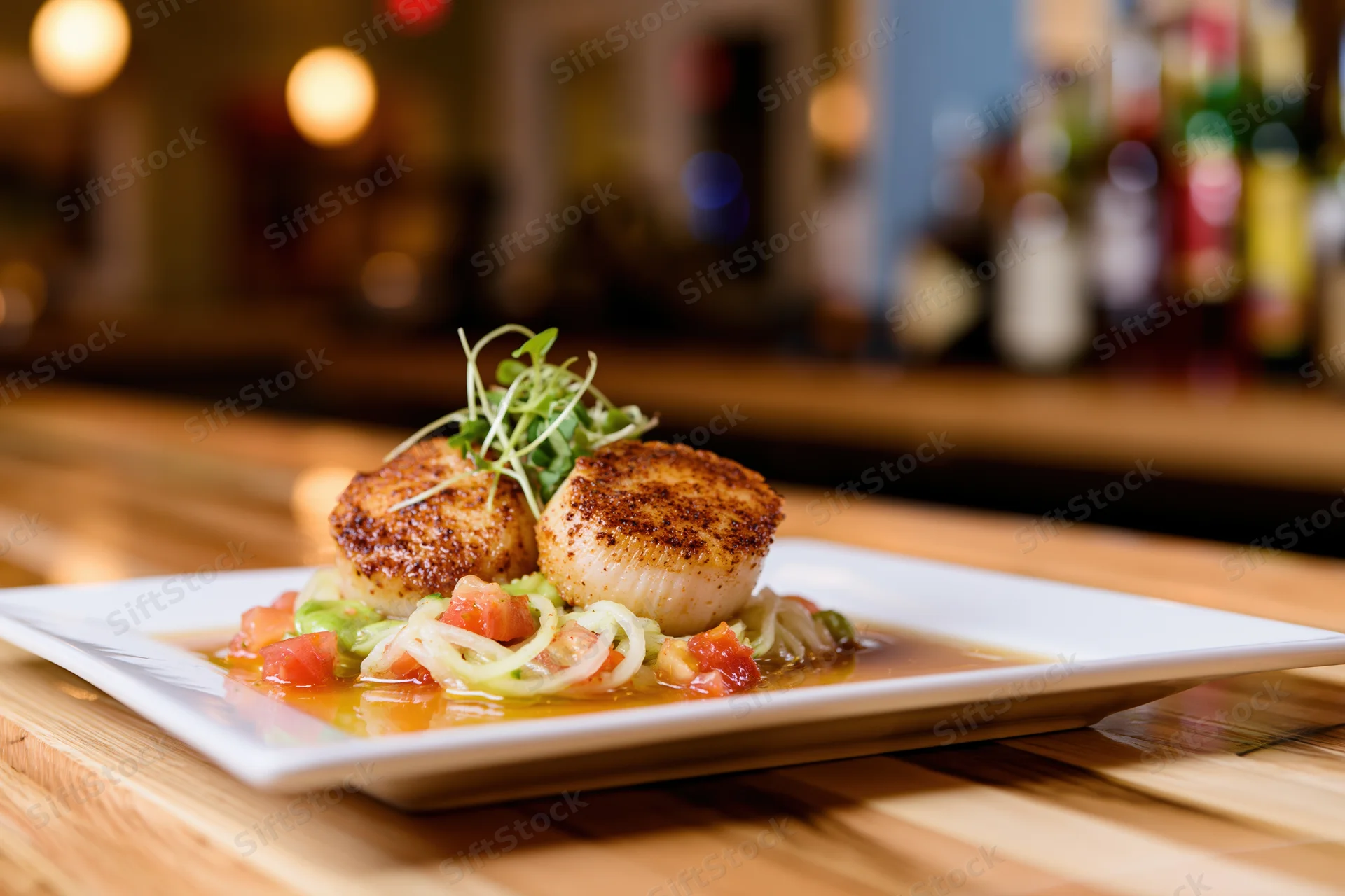 Seared scallops with tomato onion sauce and microgreens on white plate on wooden table in restaurant