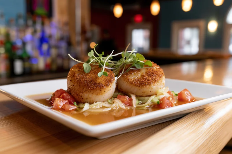 Two golden-seared scallops with spiced crust on a bed of vegetables and sauce served on a white square plate in a restaurant setting