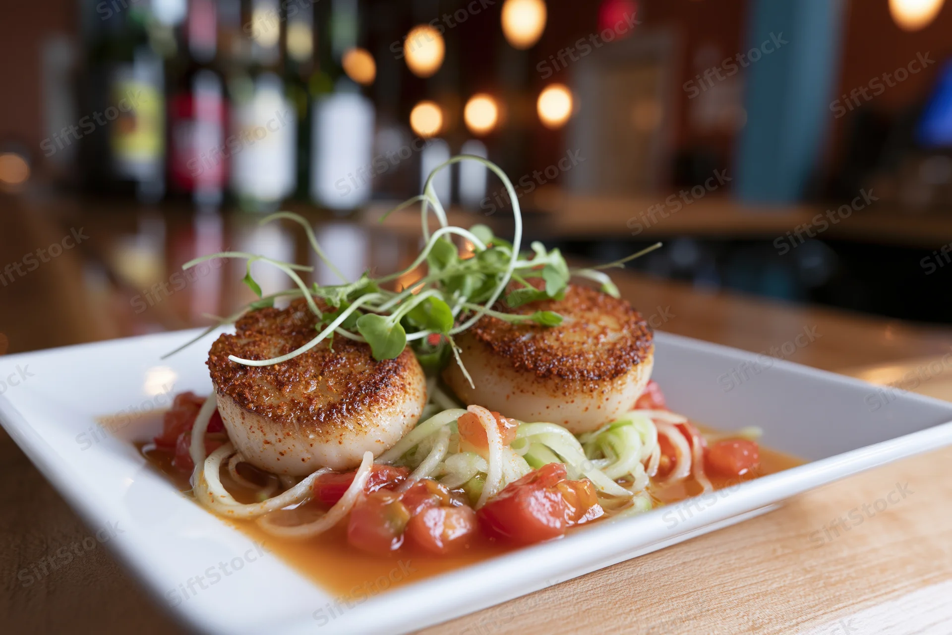 Two seared scallops with spiced crust on a bed of tomatoes and onions served on a white square plate in a restaurant setting