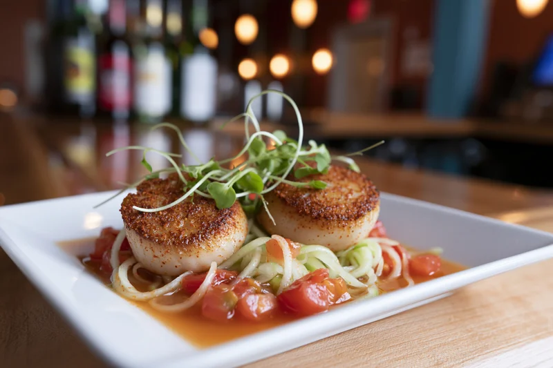 Two seared scallops with spiced crust on a bed of tomatoes and onions served on a white square plate in a restaurant setting