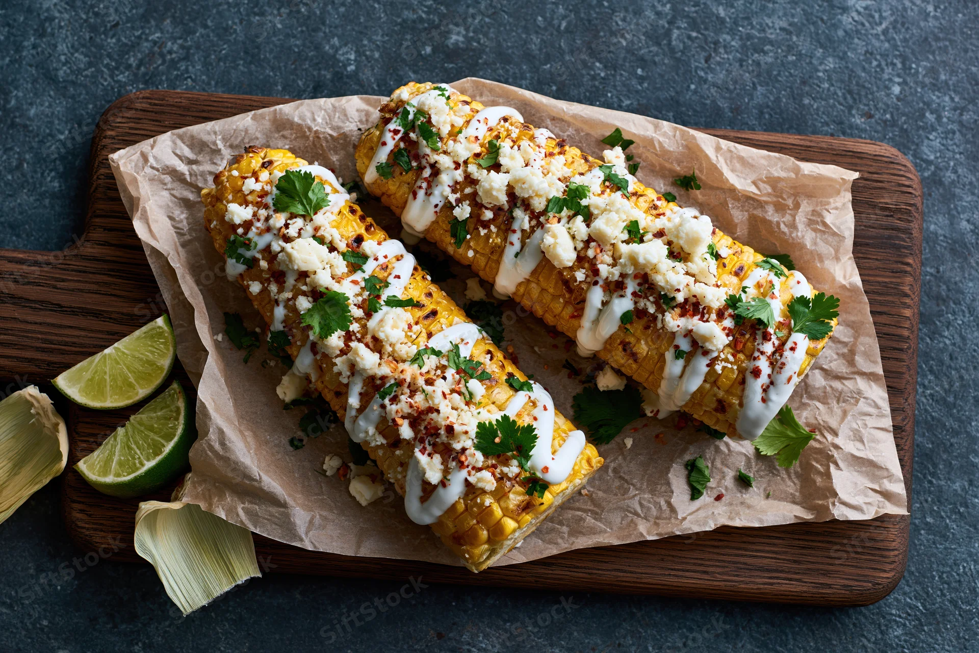 Two grilled corn cobs topped with crumbled cotija cheese, cilantro, lime, and chili sauce on parchment paper on a wooden board