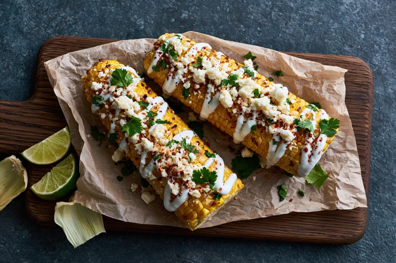 Two grilled corn cobs topped with crumbled cotija cheese, cilantro, lime, and chili sauce on parchment paper on a wooden board