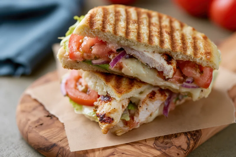 Two grilled chicken panini sandwiches stacked on a wooden olive board with visible fillings of cheese, tomato, lettuce and onion
