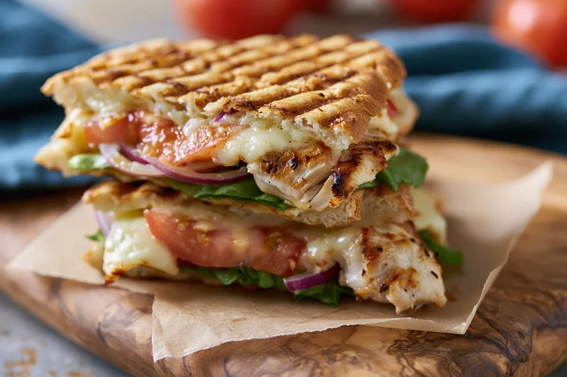 Two grilled chicken panini sandwiches stacked on a wooden olive board with parchment paper