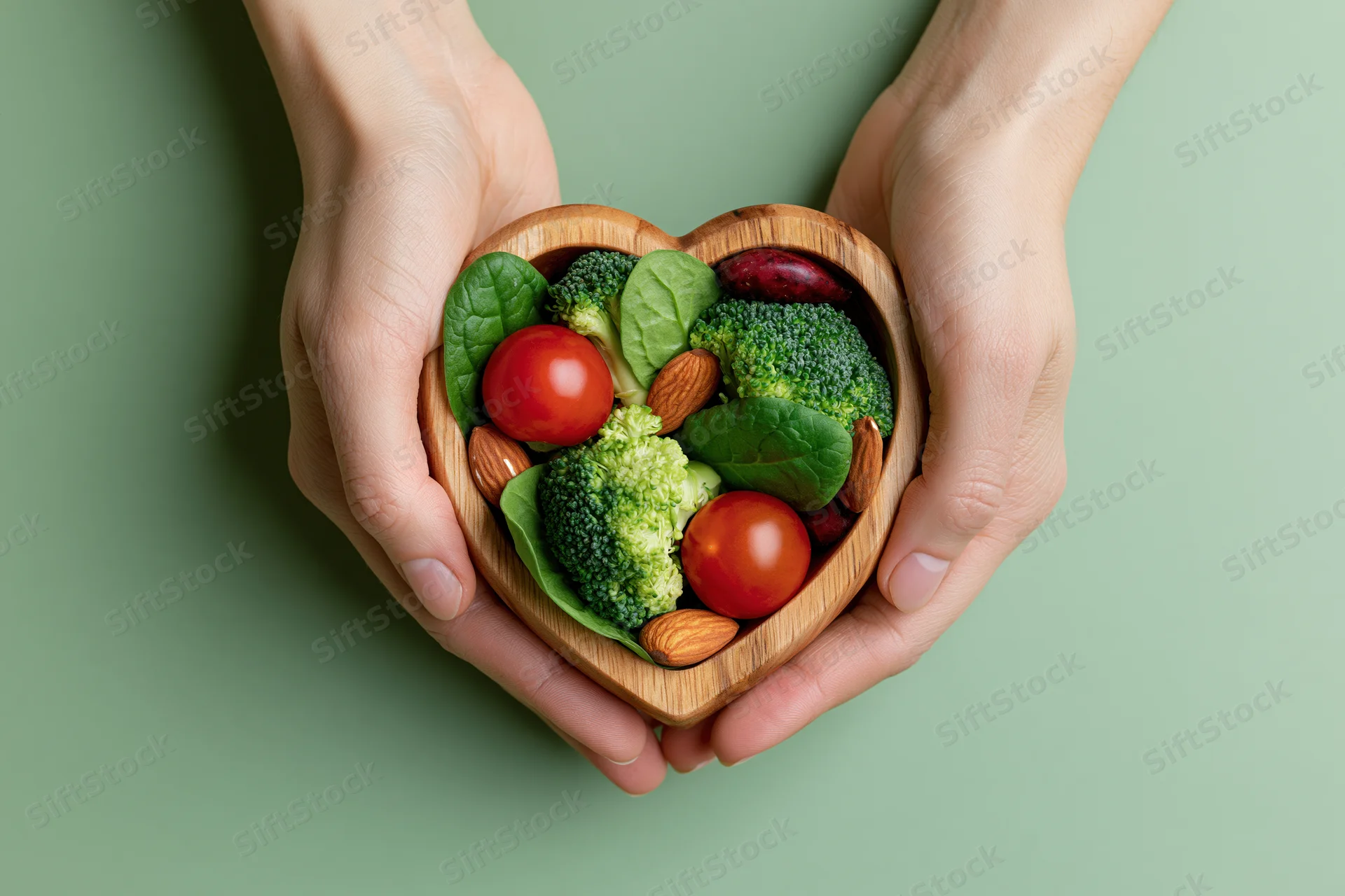 Hands holding a heart-shaped wooden bowl filled with broccoli, tomatoes, spinach and almonds against a green background