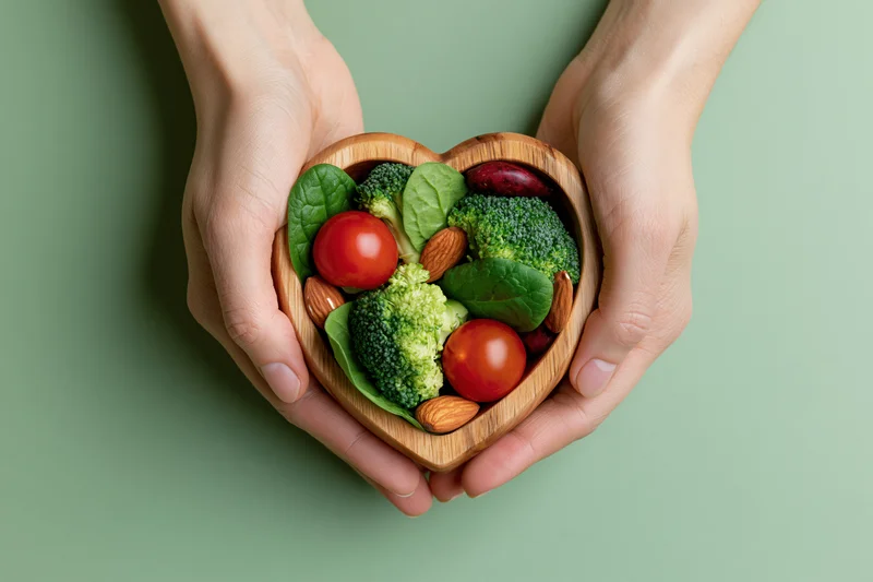 Hands holding a heart-shaped wooden bowl filled with broccoli, tomatoes, spinach and almonds against a green background