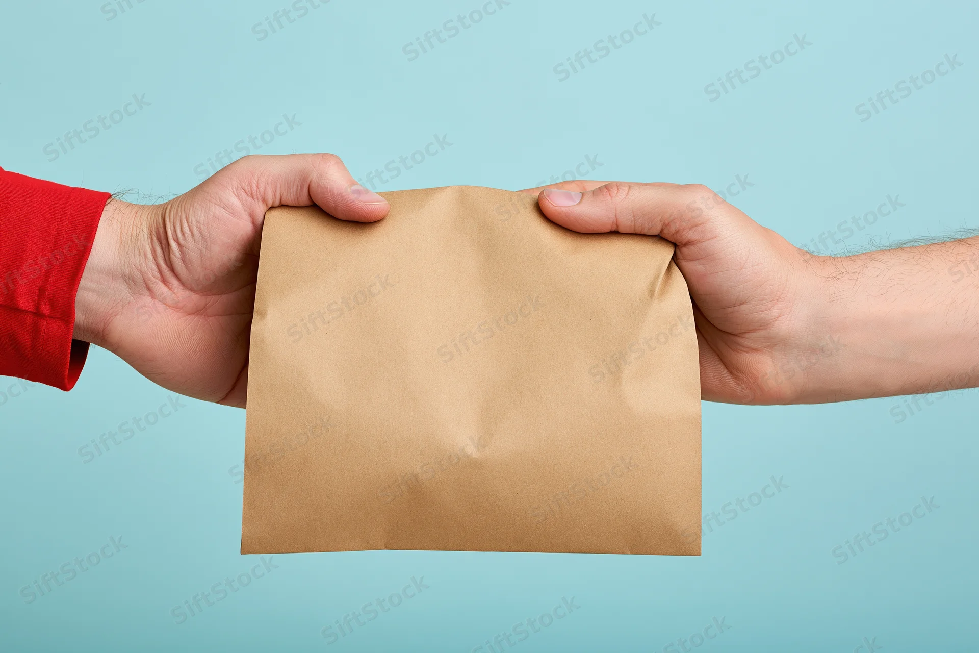 Two hands exchanging a plain kraft paper bag against a light blue background