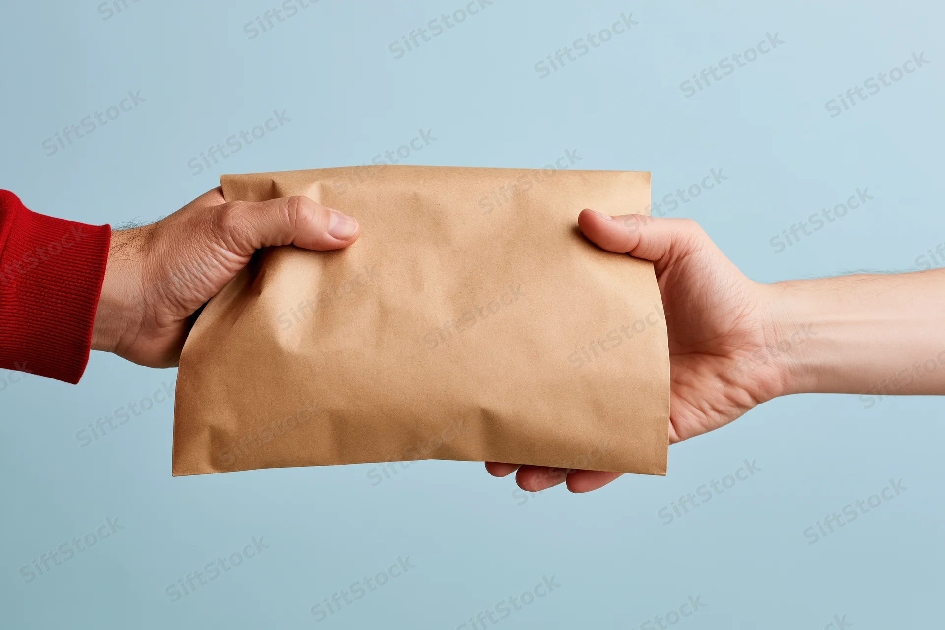 Two hands exchanging a plain kraft paper bag against a light blue background