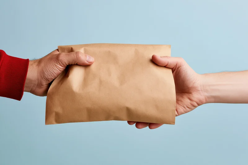 Two hands exchanging a plain kraft paper bag against a light blue background