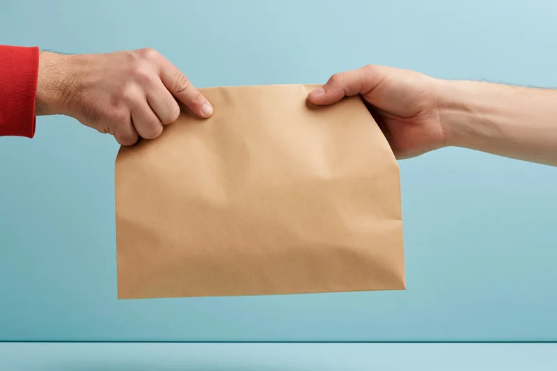 Two hands exchanging a plain kraft paper bag against a blue background