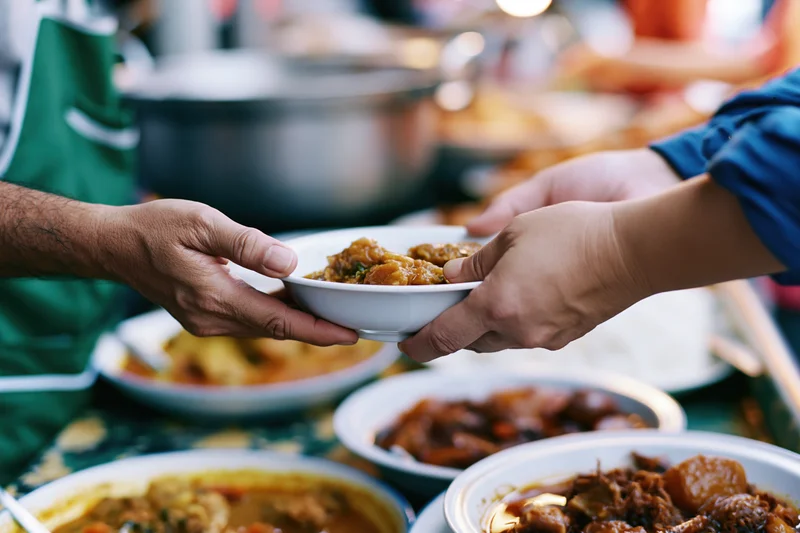 Hands exchanging a small white bowl of stewed food across a dining table with other dishes visible