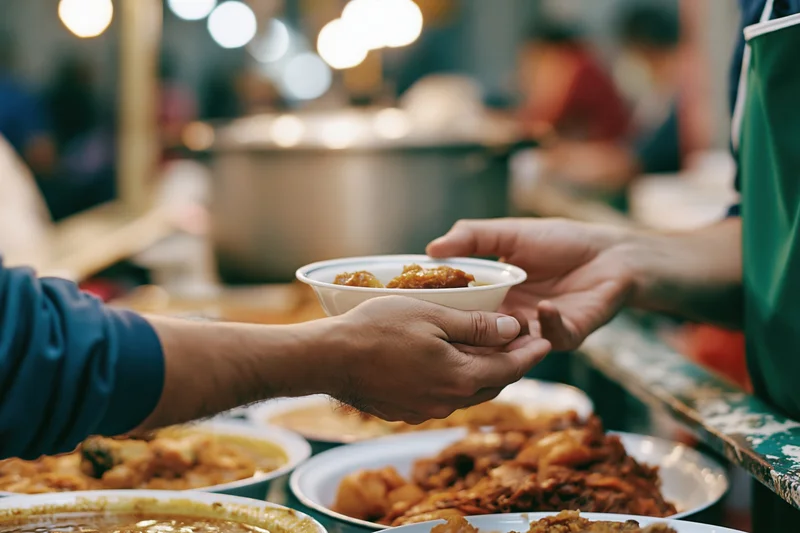 Hands exchanging a small white bowl of stewed food across a food service counter