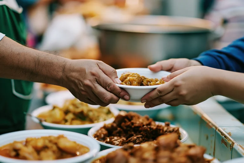 Hands exchanging a small white bowl of stewed food across a serving table in a food charity setting