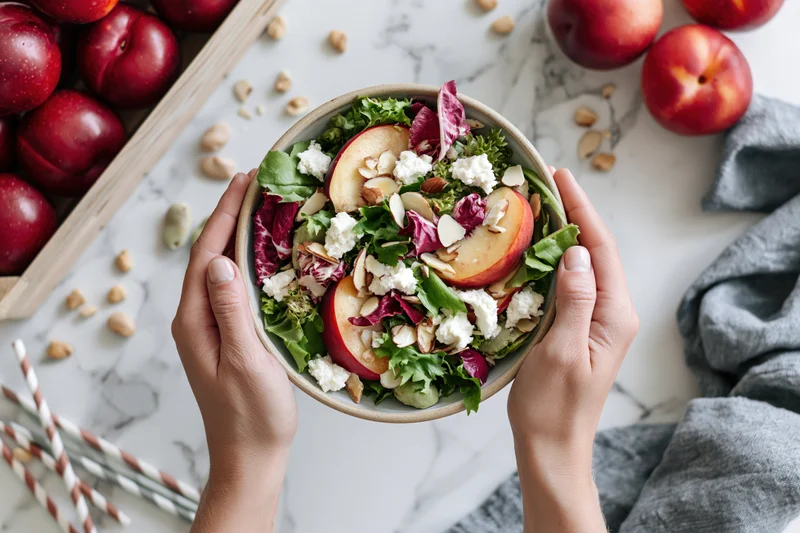 Hands holding a ceramic bowl of stone fruit salad with greens and feta on a marble countertop