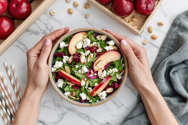 Hands holding a ceramic bowl of fresh stone fruit salad with greens, cheese and nuts on a marble table