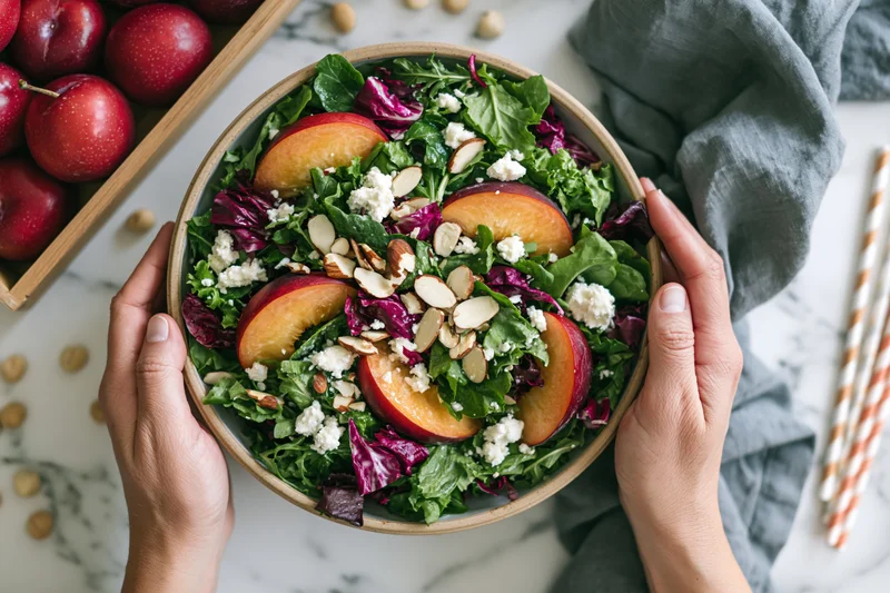 Hands holding a ceramic bowl of stone fruit salad with greens and feta on a marble countertop