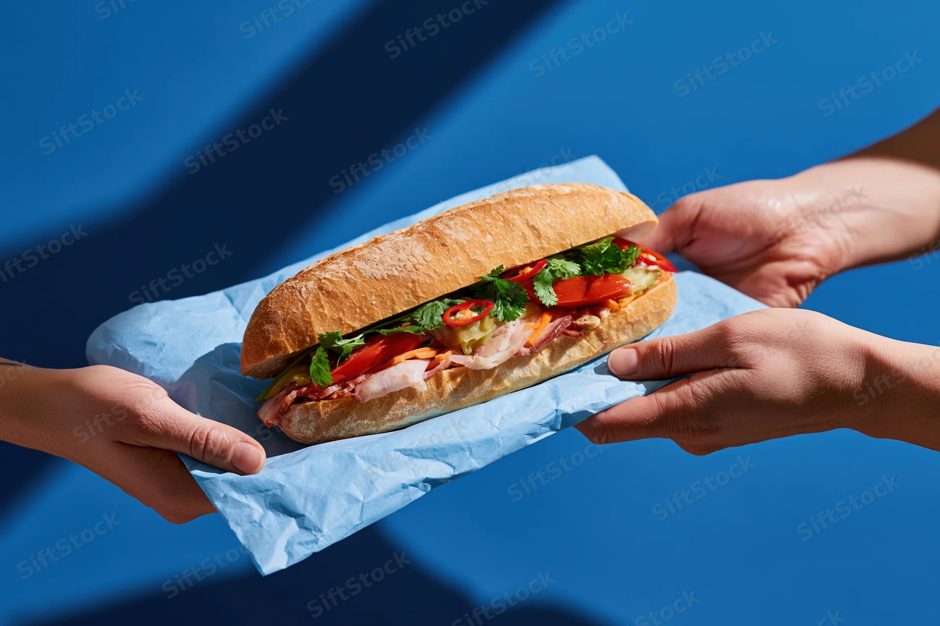 Hands holding a sandwich wrapped in blue paper against a blue background