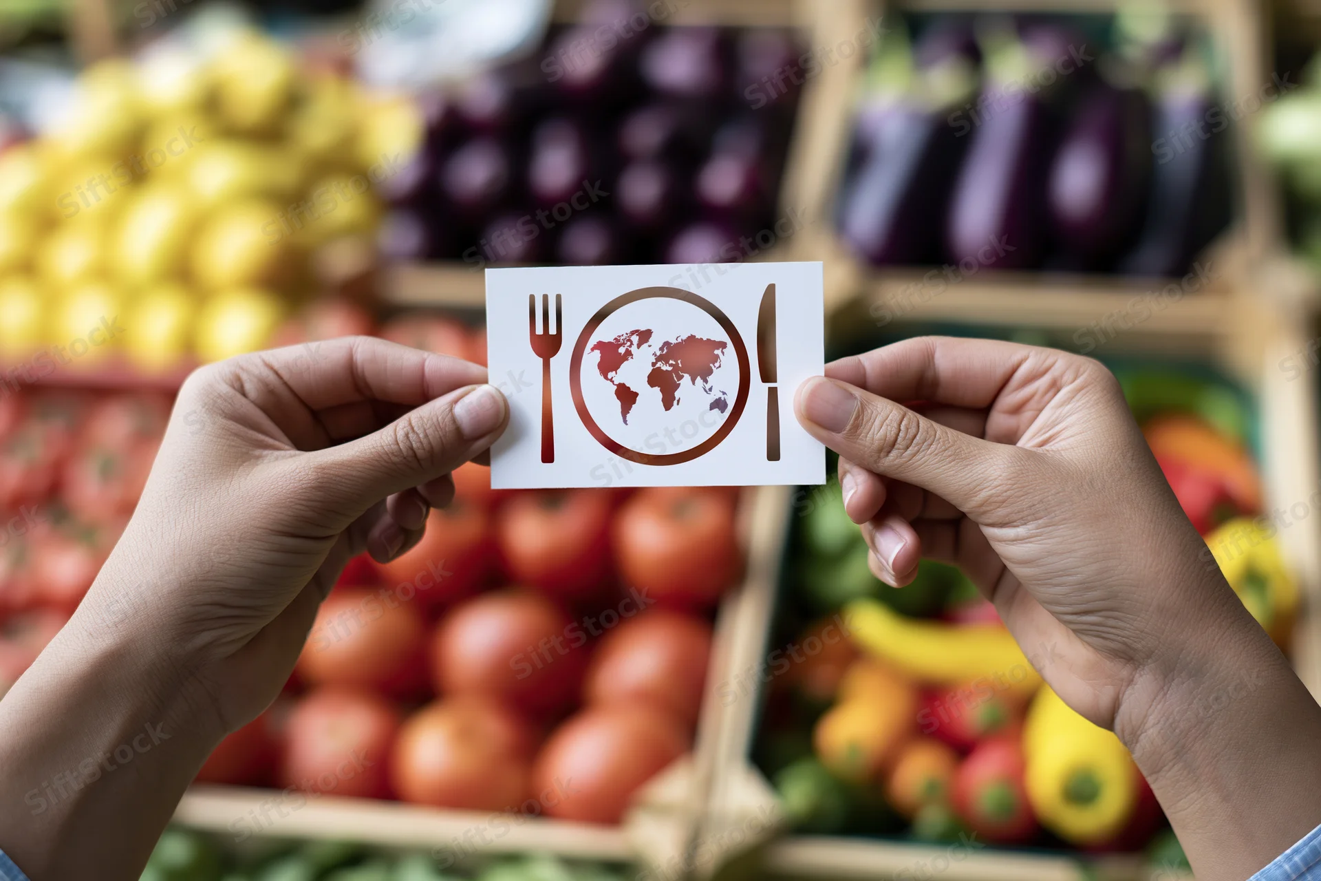 Hands holding a card with a world globe and fork knife symbol over a vegetable market display